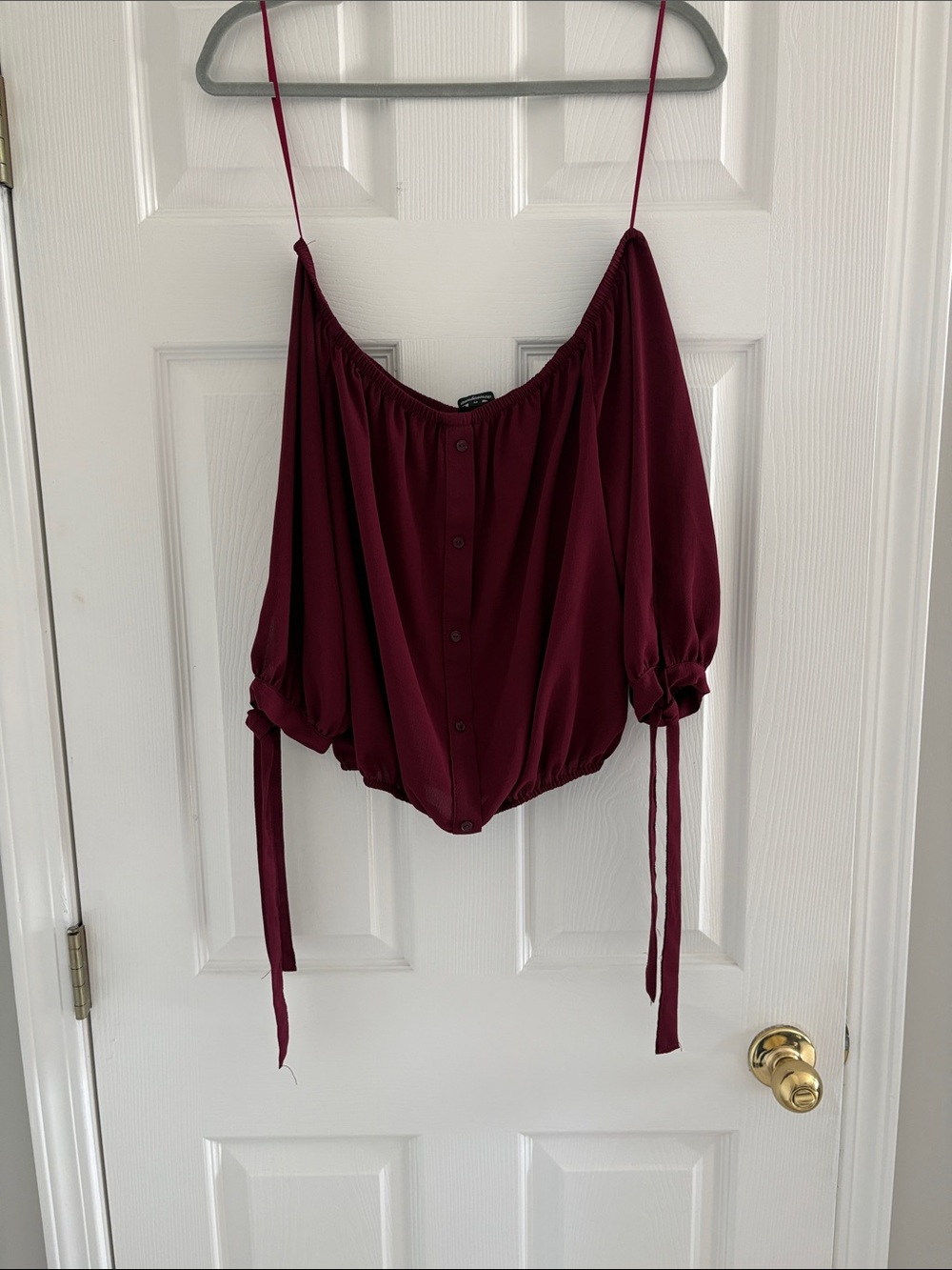 Ambiance Burgundy Off-Shoulder Button Front Blouse